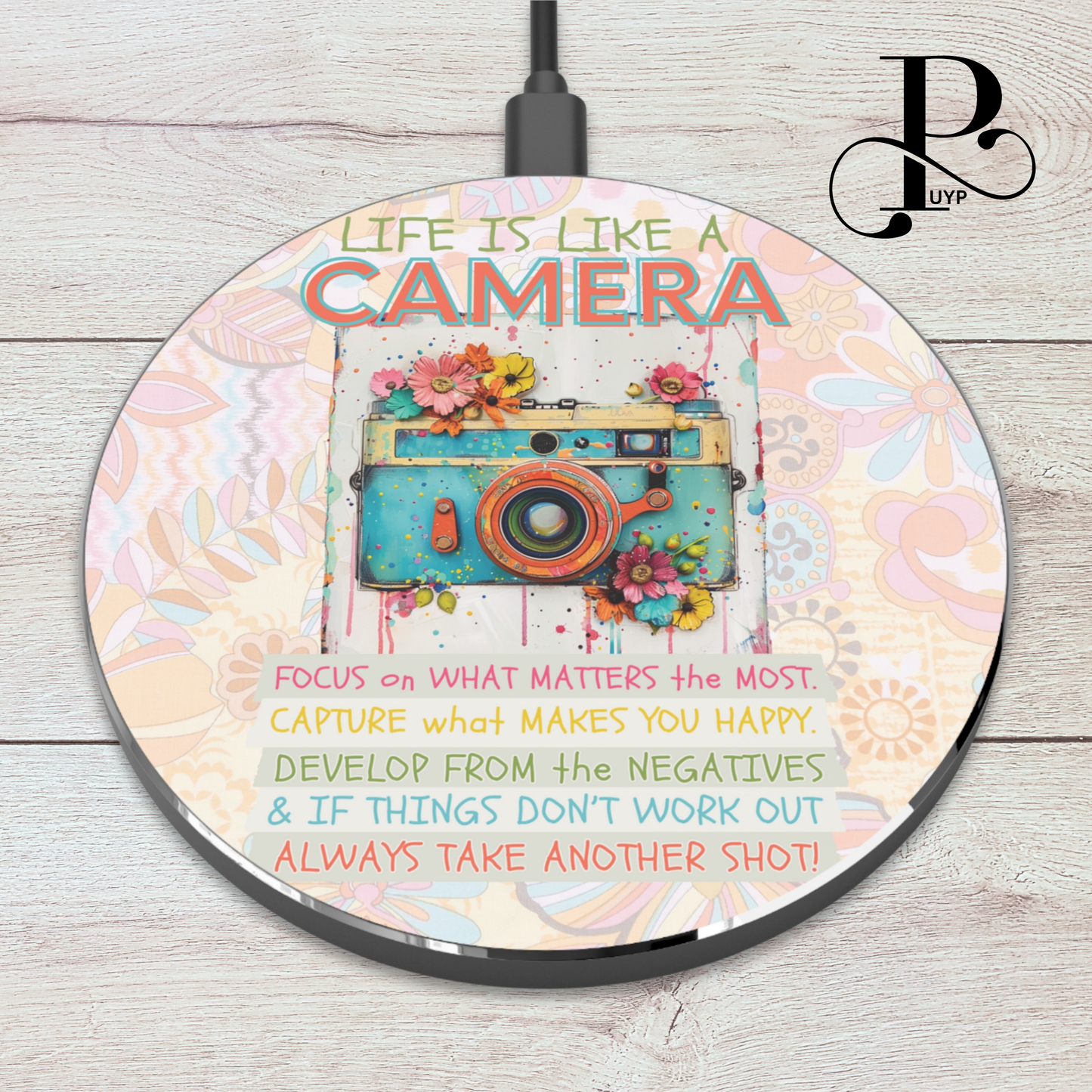 "Retro Camera" Wireless Charger with Motivational Quote