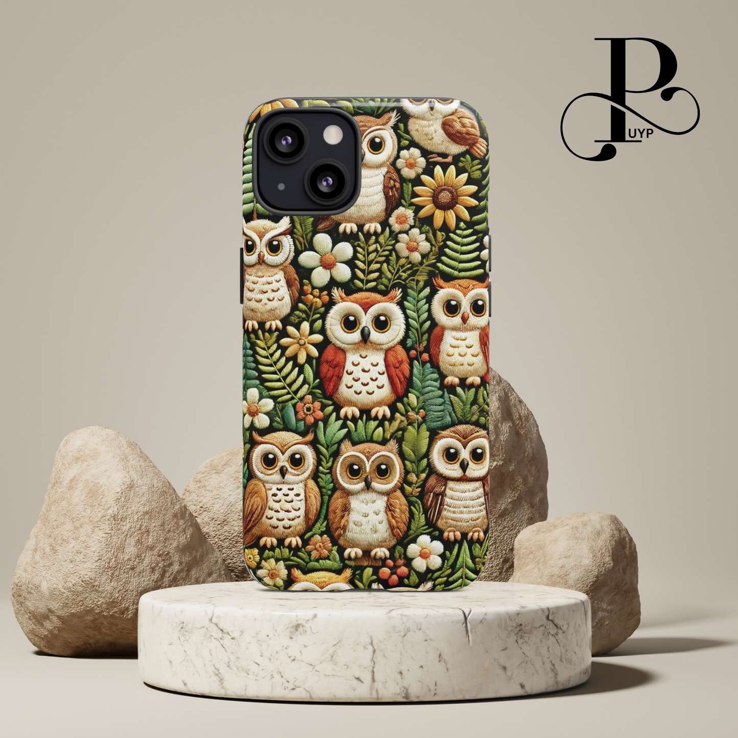 "Cute Owls in Bloom" Embroidered Phone Case