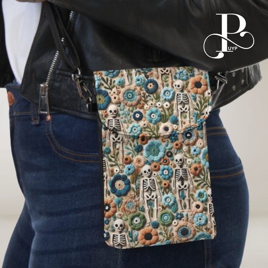 "Vintage Skeletons in Bloom" Embroidered Phone Wallet